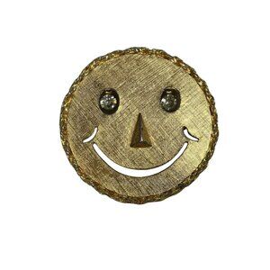 Vintage Gold Tone Rhinestone Happy Smiley Face Brooch Pin Pendant Funny
